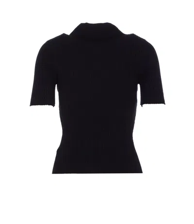 Courrèges Ribbed Short-sleeved Polo Shirt With Buttoned Placket In Black