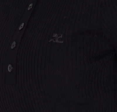 Courrèges Ribbed Short-sleeved Polo Shirt With Buttoned Placket In Black
