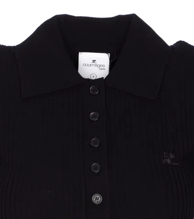Courrèges Ribbed Short-sleeved Polo Shirt With Buttoned Placket In Black