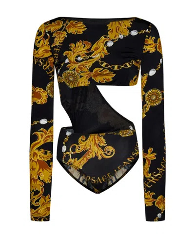 Versace Jeans Chain Couture-print Cut-out Bodysuit In Black