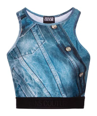 Versace Jeans Patch Denim Crop Top In Blue