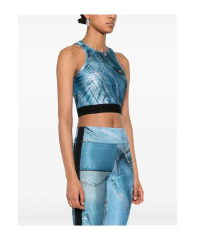 Versace Jeans Patch Denim Crop Top In Blue