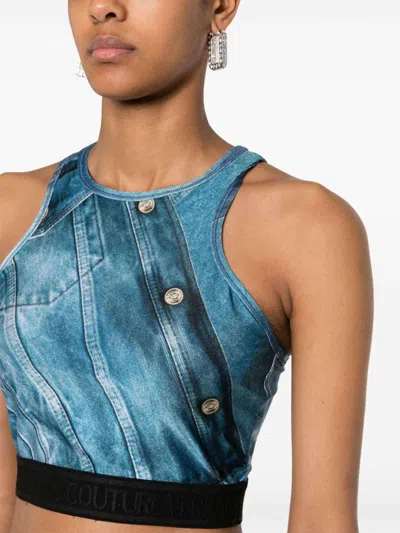 Versace Jeans Patch Denim Crop Top In Blue