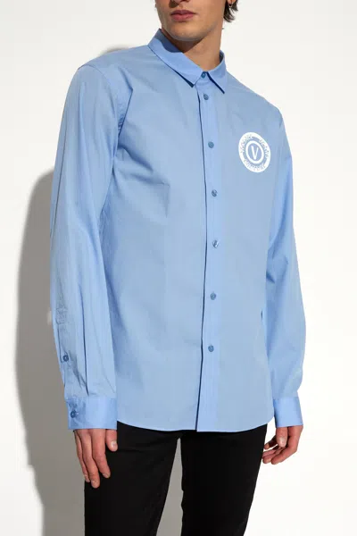 Versace Jeans Couture Logo Print Long-sleeved Shirt In Blue