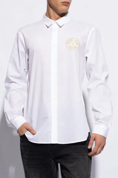 Versace Jeans Couture Logo-embroidered Button-up Shirt In Yellow