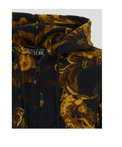 Versace Jeans Watercolor Couture-print Zip-up Hoodie In Black