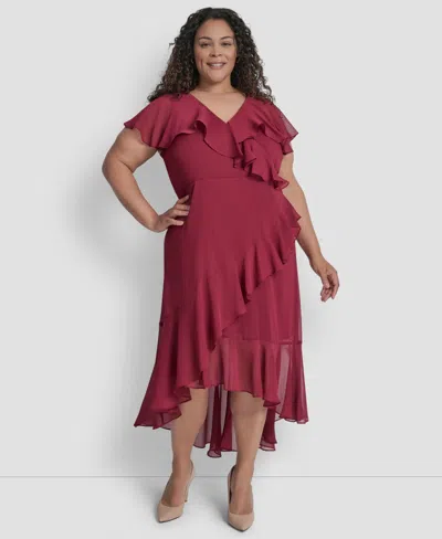 Dkny Plus Size V-neck Ruffled High-low Hem Dress In Pink