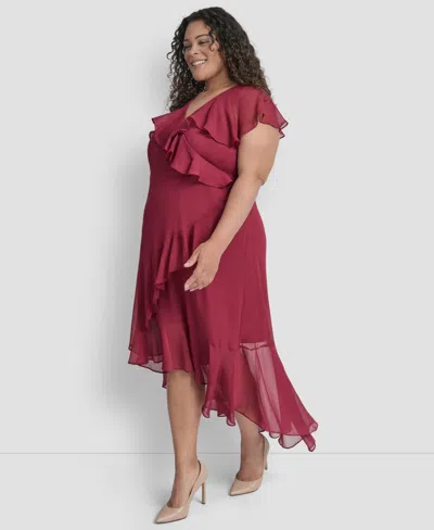 Dkny Plus Size V-neck Ruffled High-low Hem Dress In Pink