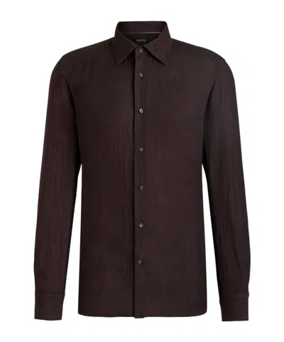 Hugo Boss Boss Camel Brown Slim Fit Linen Shirt With Button-down Front In Brown