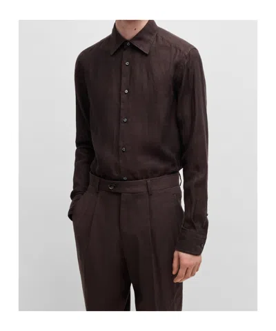 Hugo Boss Boss Camel Brown Slim Fit Linen Shirt With Button-down Front In Brown