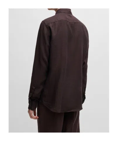Hugo Boss Boss Camel Brown Slim Fit Linen Shirt With Button-down Front In Brown