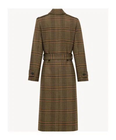 Saint Laurent Long Coat In Prince Of Wales Wool In Brown