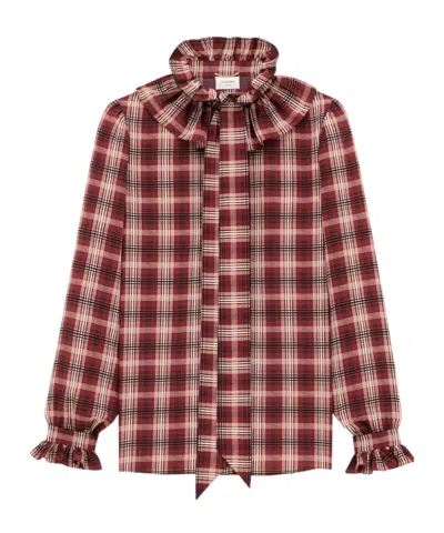 Saint Laurent Poet Blouse In Plaid Silk In Burgundy