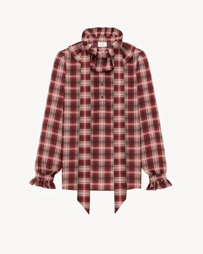 Saint Laurent Poet Blouse In Plaid Silk In Burgundy