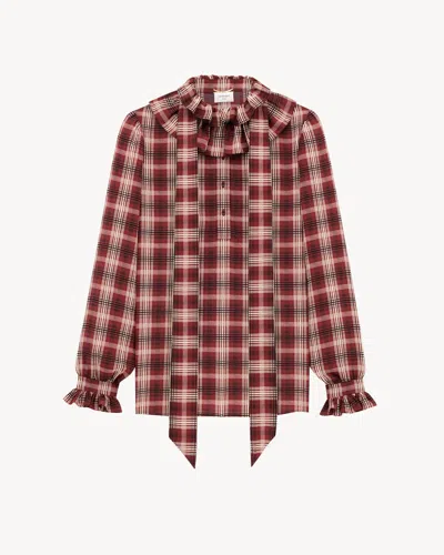 Saint Laurent Poet Blouse In Plaid Silk In Burgundy