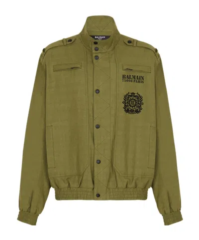 Balmain Khaki Cotton Aviator-style Bomber Jacket In Metallic