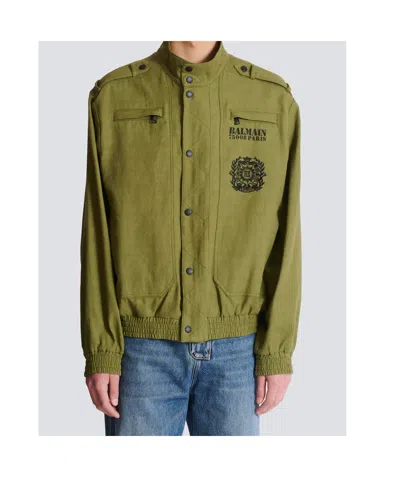 Balmain Khaki Cotton Aviator-style Bomber Jacket In Metallic