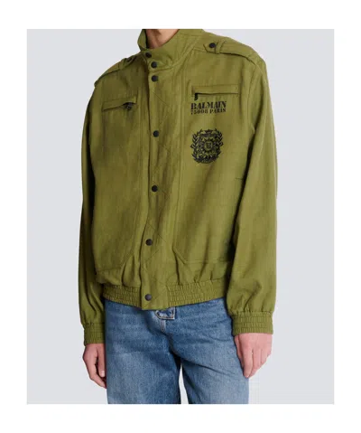 Balmain Khaki Cotton Aviator-style Bomber Jacket In Metallic