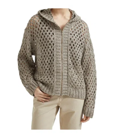 Brunello Cucinelli Clay Dazzling Net Hooded Zip-up Cardigan In Brown