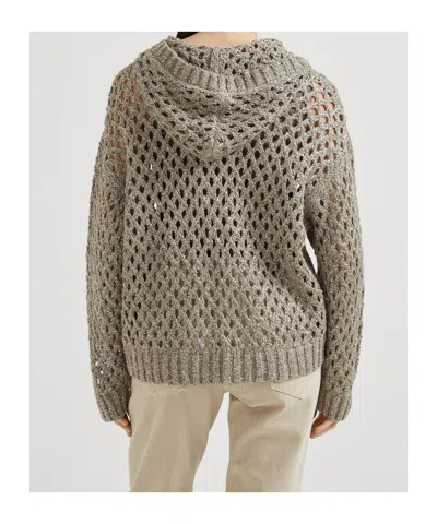 Brunello Cucinelli Clay Dazzling Net Hooded Zip-up Cardigan In Brown