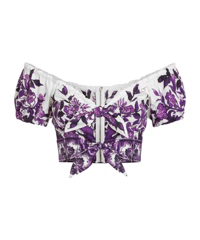 Dolce & Gabbana Cotton Majolica Print Crop Top In Purple