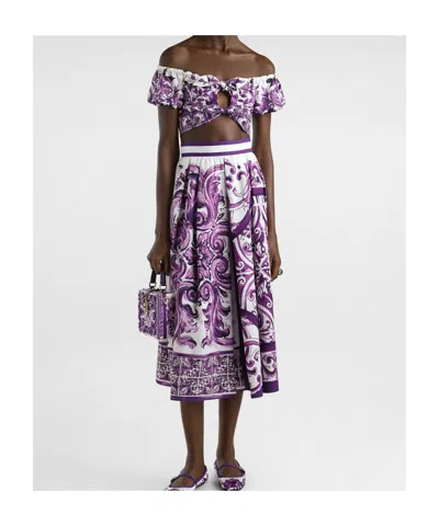 Dolce & Gabbana Cotton Majolica Print Crop Top In Purple