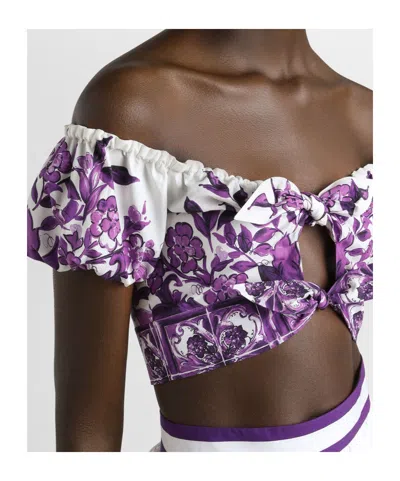 Dolce & Gabbana Cotton Majolica Print Crop Top In Purple