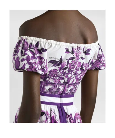 Dolce & Gabbana Cotton Majolica Print Crop Top In Purple