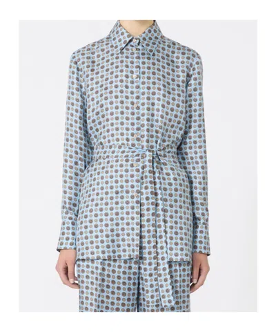 Max Mara Light Blue Printed Twill Boccale Belted Shirt In Blue