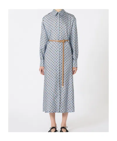 Max Mara Printed Silk Shirt Dress In Blue