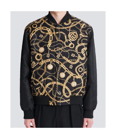 Balmain Silk Reversible Chain Bomber Jacket In Black