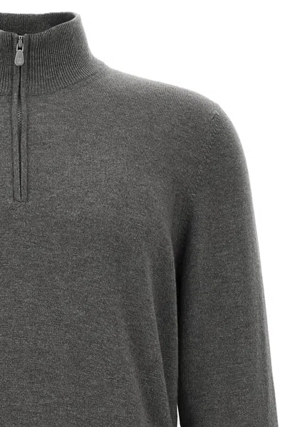Brunello Cucinelli Half-zip High Collar Ribbed Sweater In Gray