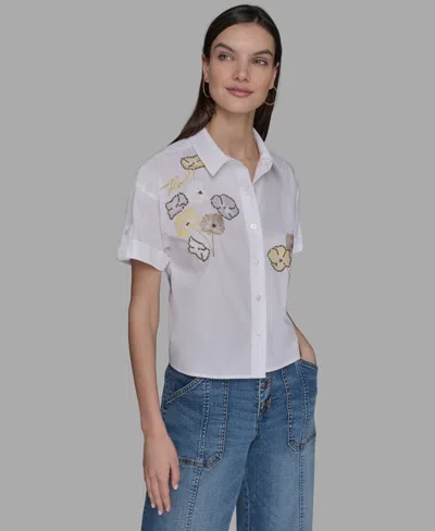 Karl Lagerfeld Petite Cotton Embroidered Studded Blouse