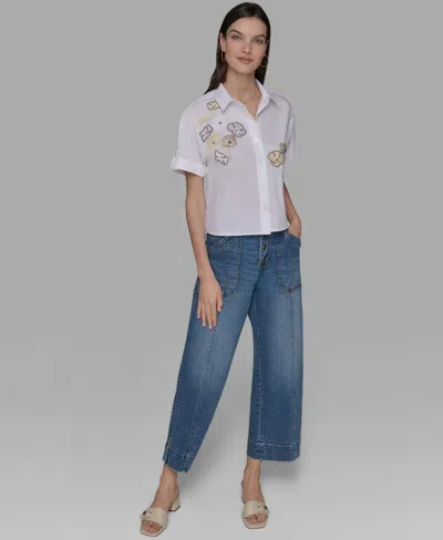 Karl Lagerfeld Petite Cotton Embroidered Studded Blouse