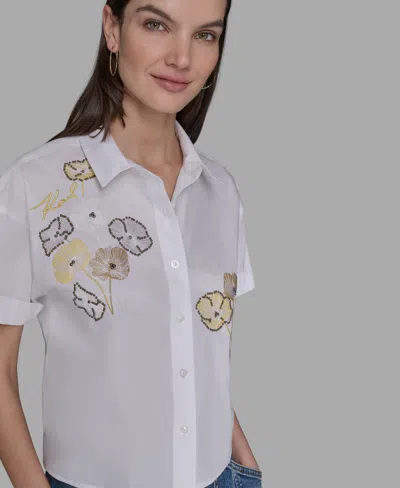 Karl Lagerfeld Petite Cotton Embroidered Studded Blouse