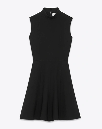 Saint Laurent Stand-up Collar Mini Dress In Black Virgin Wool Crêpe