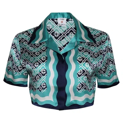 Pre-owned Casablanca Monogram Wave Cropped Silk Shirt 'turquoise' | Blue | Women's Size 36