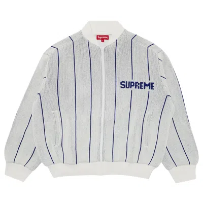 Pre-owned Supreme Pinstripe Varsity Zip Up Sweater 'white' | Men's Size Xxl