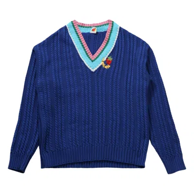 Pre-owned Sky High Farm Workwear V-neck Striped Cableknit Sweater 'blue' | Men's Size L