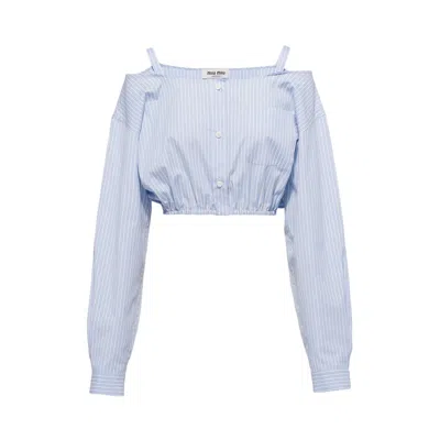 Pre-owned Miu Miu Striped Chambray Logo Shirt 'light Blue' | Women's Size 38