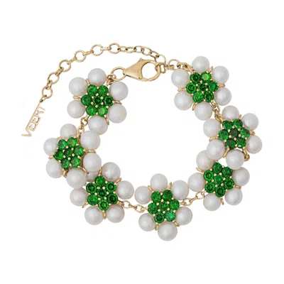Pre-owned Veert The 42 Pearl Flower Bracelet 'yellow Gold/pearl/green' | Men's Size Onesize