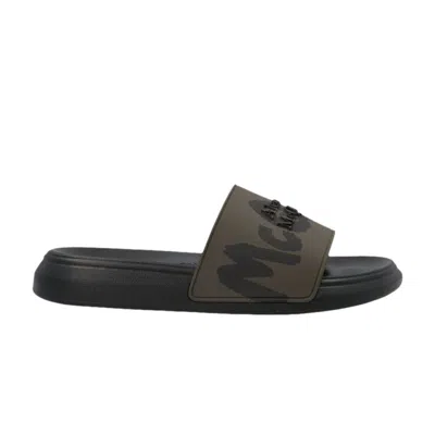 Pre-owned Alexander Mcqueen Wmns Rubber Pool Slide 'graffiti Logo - Green Black' | Women's S