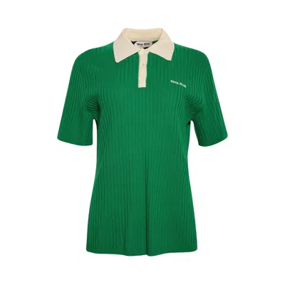 Pre-owned Miu Miu Ribbed Cashmere Polo Shirt 'lawn Green/natural' | Women's Size 36