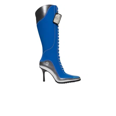 Pre-owned Timberland Veneda Carter X Wmns 14 Inch Lace-up Zip Boot 'bright Blue Patent Leather' | Women's Size
