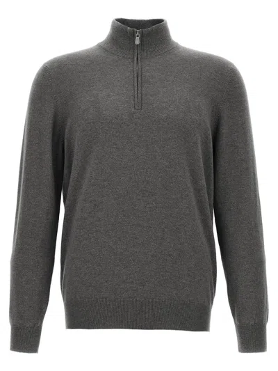 Brunello Cucinelli Half-zip High Collar Ribbed Sweater In Gray