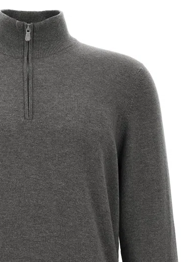 Brunello Cucinelli Half-zip High Collar Ribbed Sweater In Gray