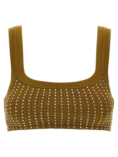 Attico Crystal Square Neckline Sleeveless Cropped Top In Green