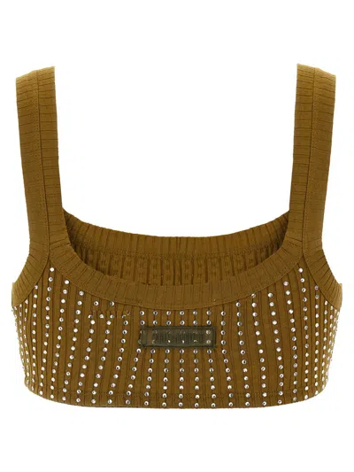 Attico Crystal Square Neckline Sleeveless Cropped Top In Green