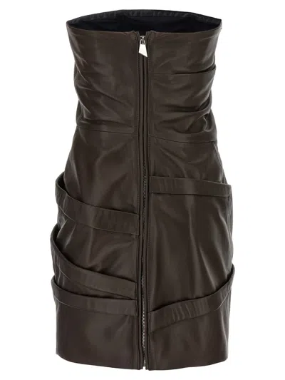 Attico Strapless Leather Dress With Layered Textured Finish In Brown