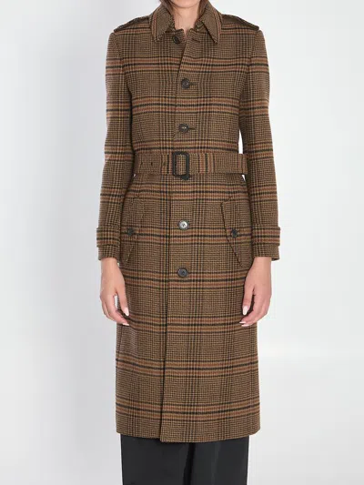Saint Laurent Long Coat In Prince Of Wales Wool In Brown